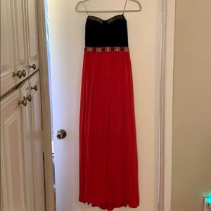 Beaded tribal pattern black and red maxi dress